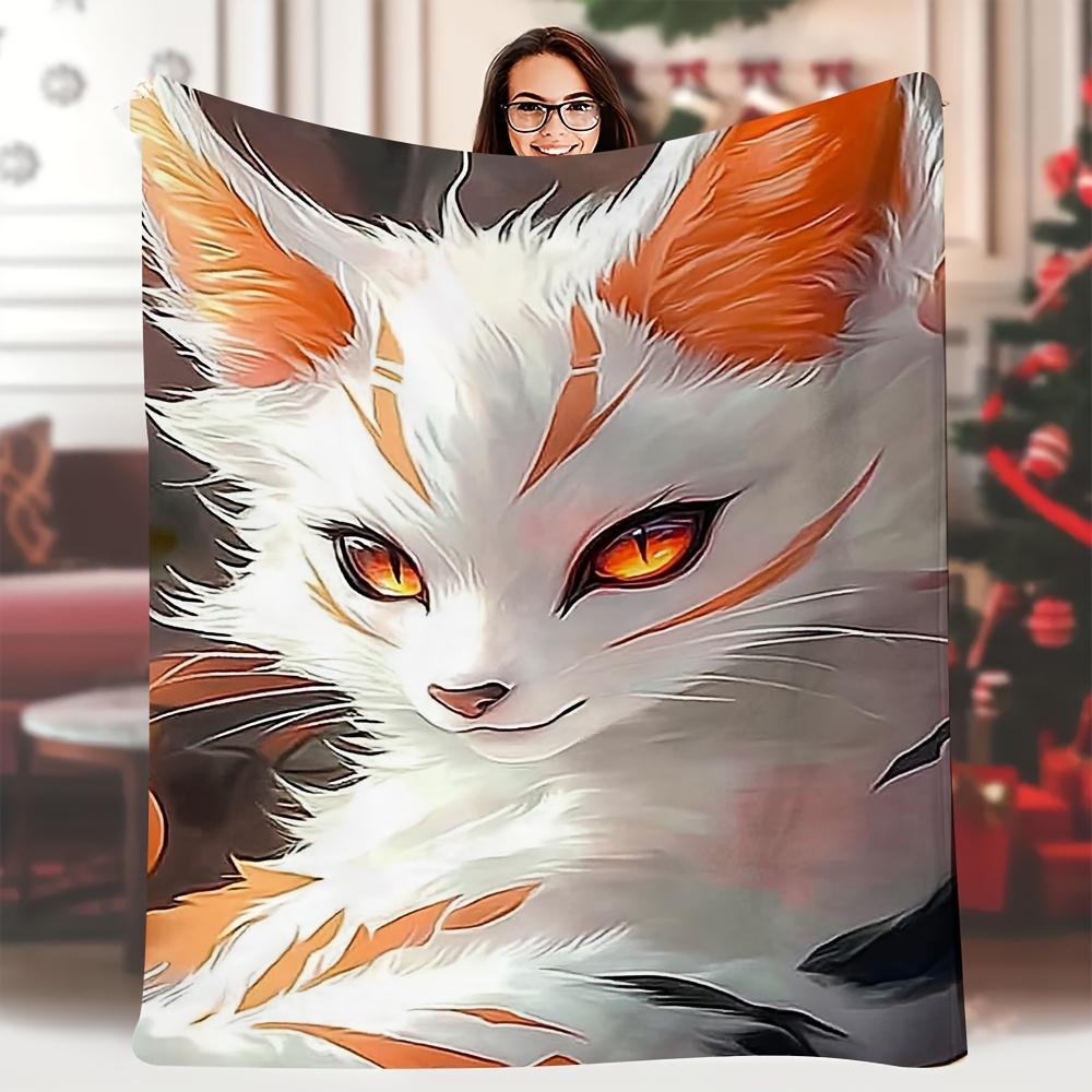 

1pc Extra Large 60x80 Inch Soft Single-Sided Printed Blanket - Anime Fox (Kitsune) Design with White & Orange Flames, Thick Cozy 70x100cm28x39in