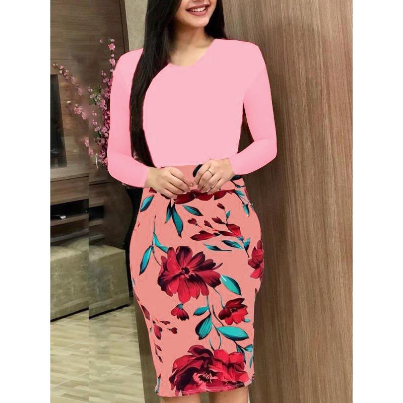 women's Color Block Floral Print Short Sleeve Bodycon Dress Round Neck Pencil Dress