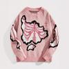 Women's Crew Neck Long Sleeve Cable Knit Sweater Loose Fit Streetwear Pullover Skull Print Knit Top