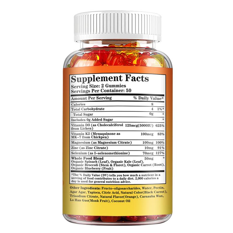 Vitamin D3 and K2 Gummies, Containing Natural Coconut Oil, Plant-based Two-in-one Formula, Gentle and Easily Absorbed, Suitable for Adults.