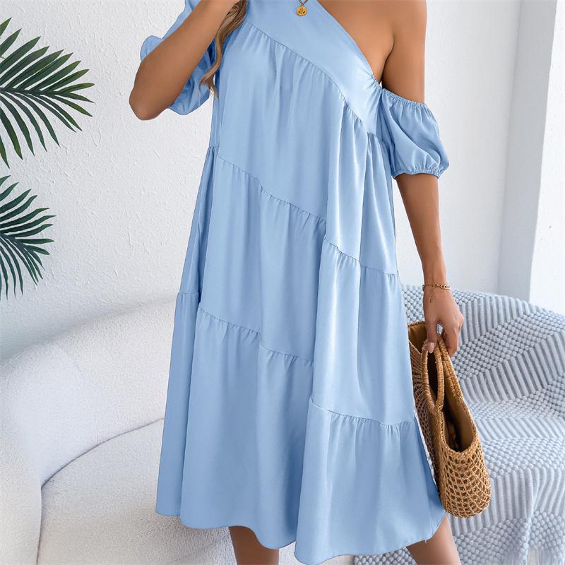 2026 Spring Summer Women's Off Shoulder Short Sleeved Ruffled Hem Long Skirt S-XL