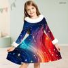 Girls High Neck Long Sleeve Printed A Line Flared Dress Red Blue White Furry Trim Bow Decor