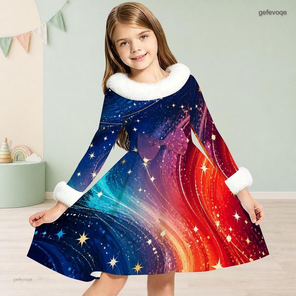 Girls High Neck Long Sleeve Printed A Line Flared Dress Red Blue White Furry Trim Bow Decor