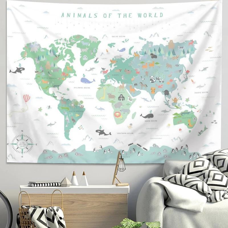 Arazzo Mappa del Mondo Animali Cartoni Animati Poliestere da Appendere alla Parete Tessuto di Sfondo Educativo per Stanza Bambini Asilo Nido Camera da Letto Decorazione