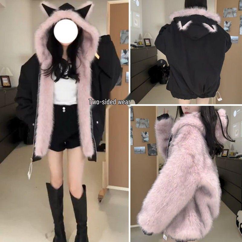 

Women s Winter Reversible Hooded Jacket with Cute Cat Ears - Furry, Warm, and Thick Velvet Cotton Trend S 75-90 lbs