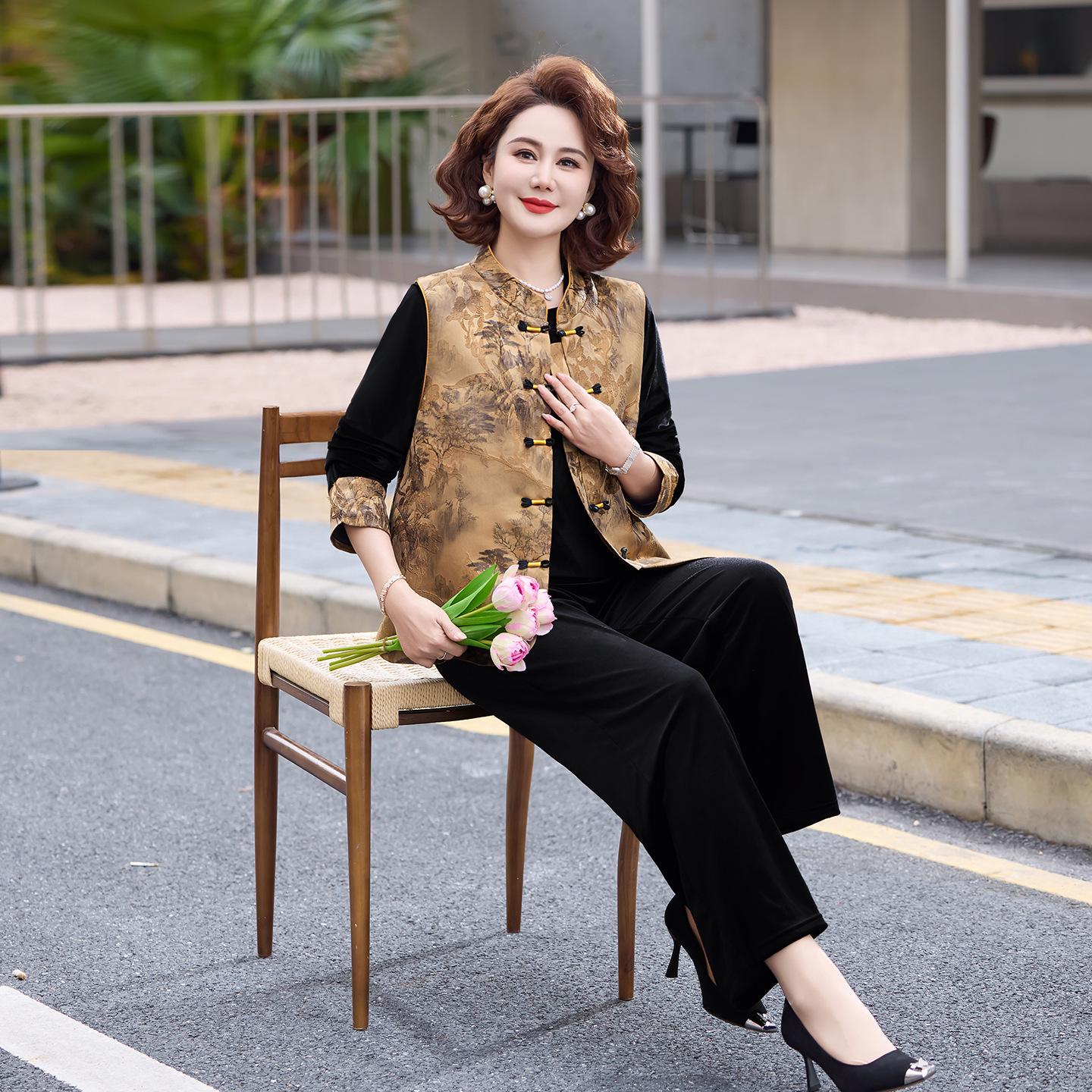 

Chinese-Style Casual Three-Piece Suit for Women Aged 40-60, Plus Size, Loose Fit, Spring Wear 3XL (Recommended 125-140 Jin)