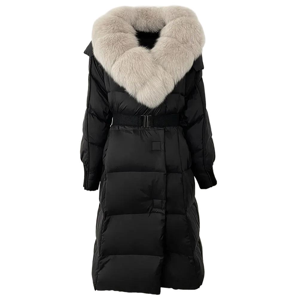 OFTBUY Winter Jacket Women Long Natural Real Raccoon Fox Fur Collar White Duck Down Coat Belt Thick Warm Casual Outerwear