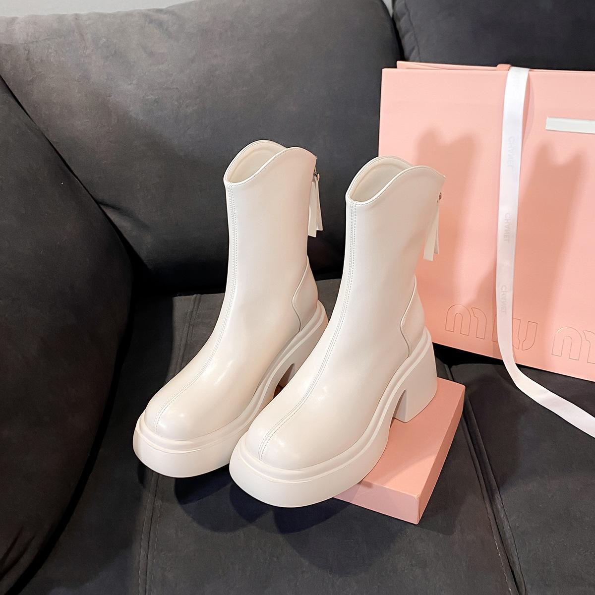 

White V-mouth high-heeled short boots women s autumn and winter thick-soled heightened elastic thin boots thick-heeled versatile thin short boots. 35