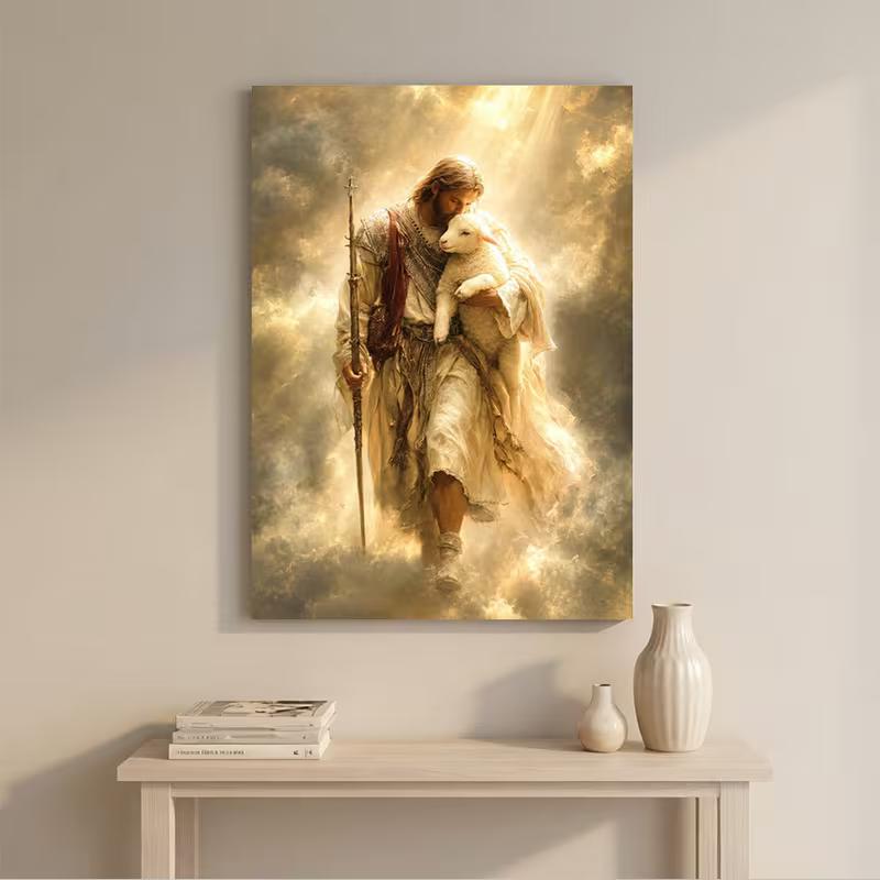 1pc Jesus Holding Lamb Religious Print - Vertical Suitable for Living Room, Study, Office Decor - Neoclassical Iconography for Home Sanctuary Gift