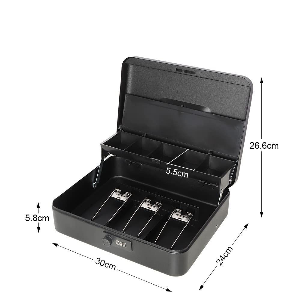 Tomori Metal Handheld Safe with Coin Purse, Three Spring Clips, Dial-Type Piggy Bank, and Banknote Organizer (Black, Large)