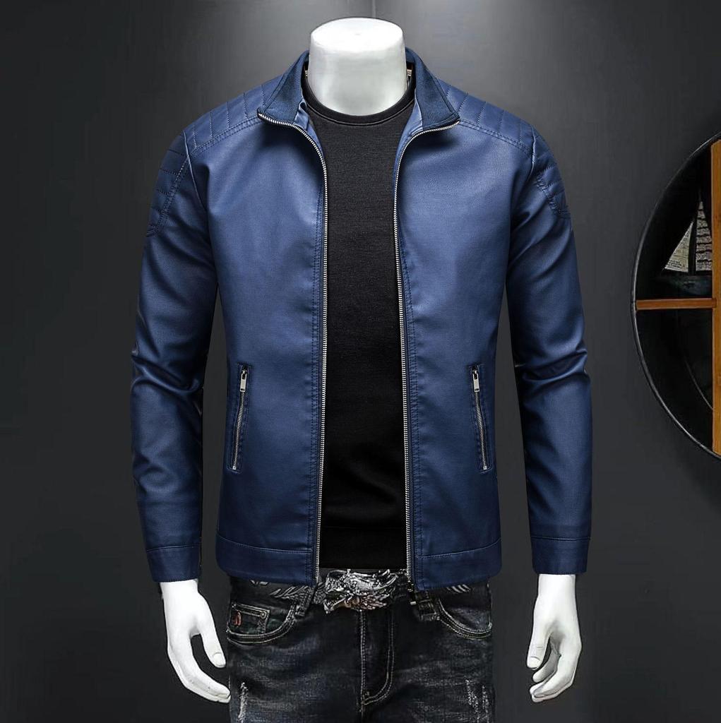 Men's Slim Fit Trendy Leather Motorcycle Jacket with Stand Collar and Plus Size Options