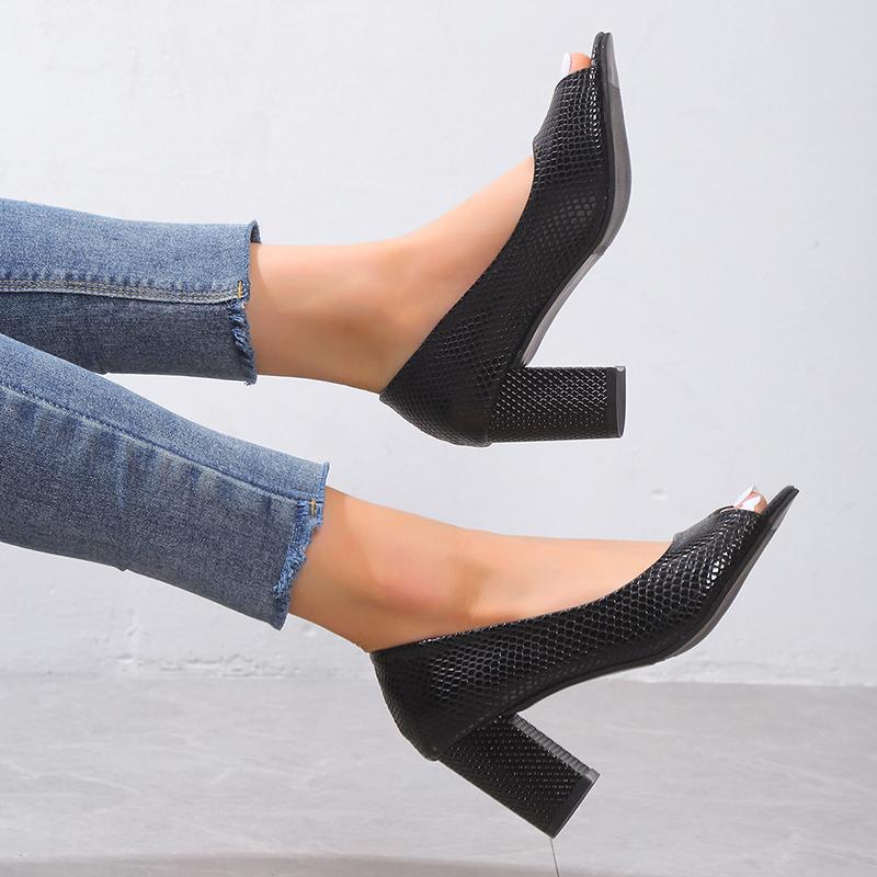 Fashion Women's Peep Toe High Heels Shoes Fashion Shallow Mouth Slip On Pumps Woman Patent Leather Thick Heeled Office Work Shoes Ladies