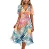 Women's Summer Texture Printed Casual Wrap V Neck Ruffled Hood Short Sleeves Belt A-Line Ruffle Hem Midi Sundress