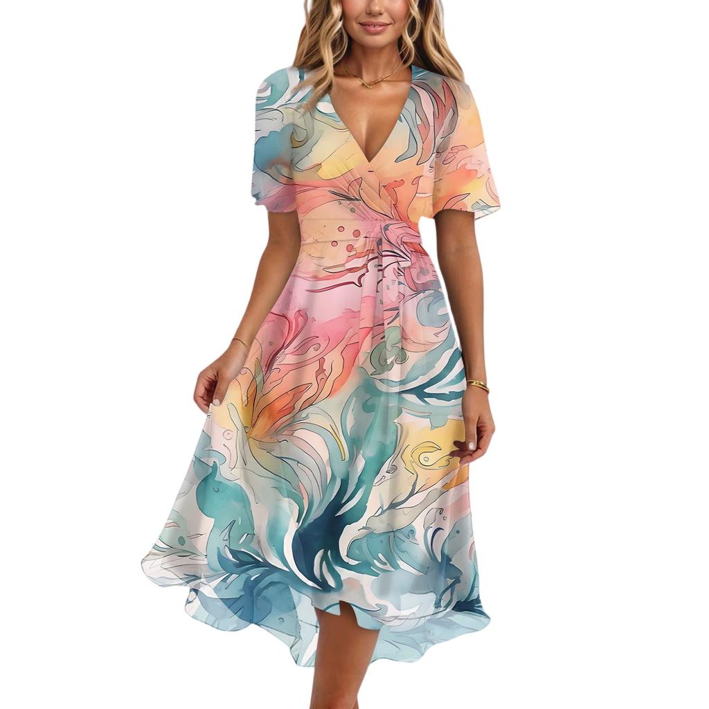 Women's Summer Texture Printed Casual Wrap V Neck Ruffled Hood Short Sleeves Belt A-Line Ruffle Hem Midi Sundress