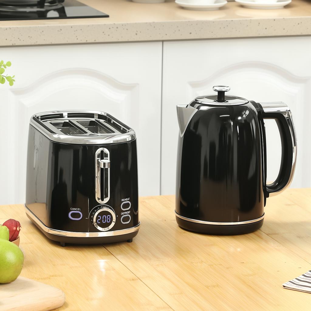 Polished Retro 40-100 degrees C Kettle and Toaster Set - Black