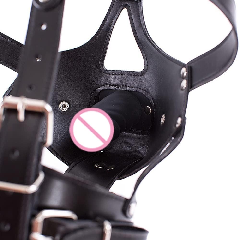 Leather Bondage Pussy with Detachable Silicone Dildo Mouth Gag Adjustable Head Harness  Fetish Dog Slave Female Restraints