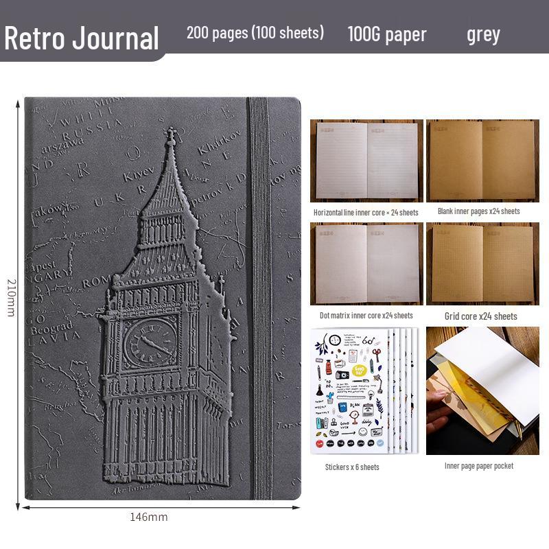 Exclusive Big Ben 3D Embossed A5 Retro Hardcover Planner Notebook with Band Binding