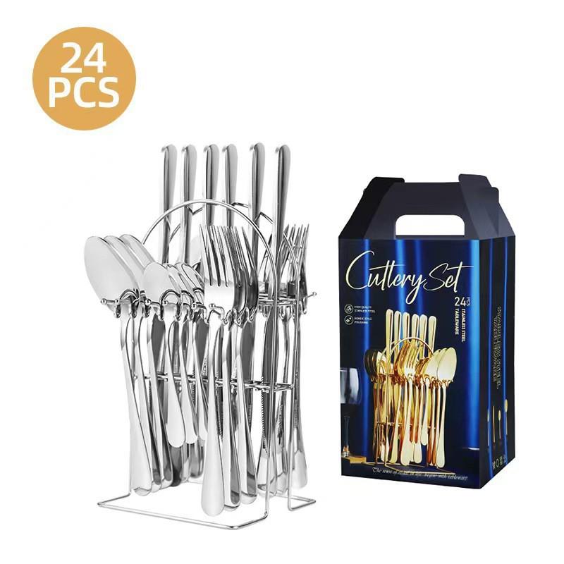 24-teiliges Edelstahl-Besteckset Essbesteck Messer Gabel Löffel Geschenkbox Güte 410 Nordischer Stil Gold