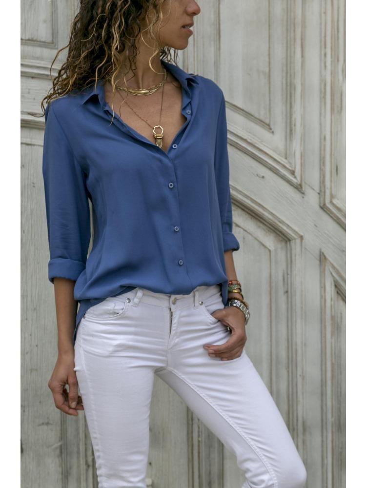 Women's Deep V Neck Long Sleeve Chiffon Shirt Solid Color Spring Summer Top