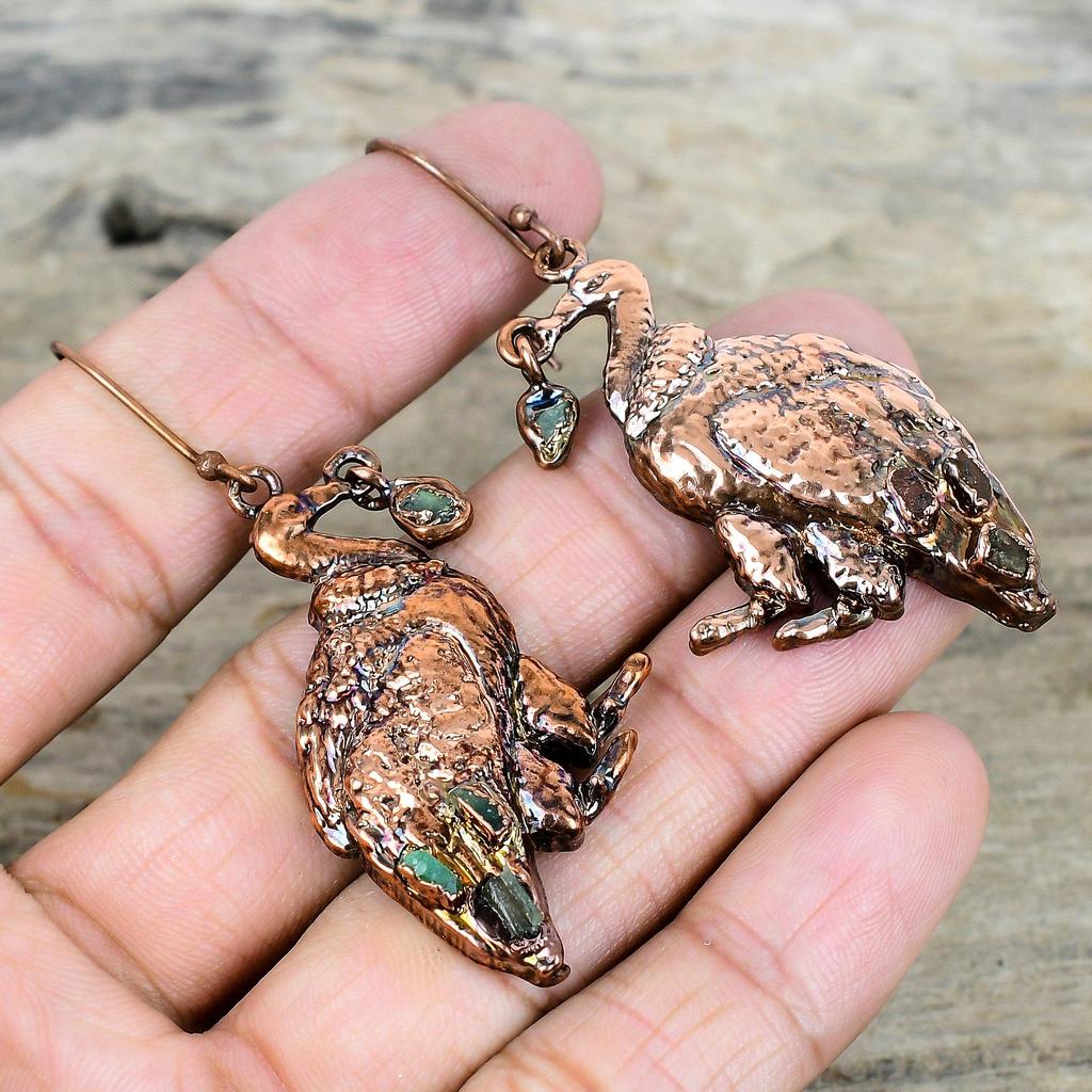 Green Tourmaline Rough Earring Electroformed Copper Earring Handmade Peacock Earrings Electroformed Jewelry Gemstone Earring Gifts for Women