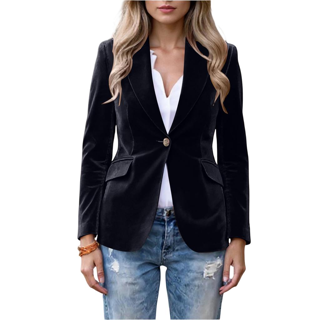 Women's Fashion Elegant Solid Color Long Sleeve Velvet Blazer Button Closure Notched Lapel Suit Jacket for Office Work Casual Wear