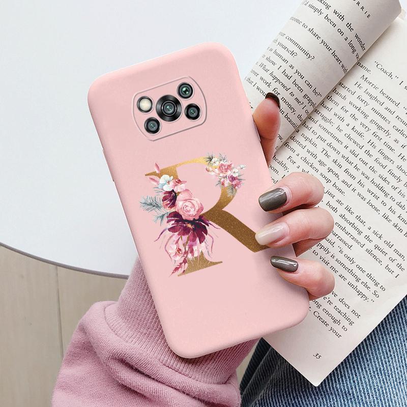 Letter Case For Poco X3 NFC PocoX3 Pro Back Cover Retro Flowers Pink Black Soft TPU Initial Fundas For Xiaomi Poco X 3 Pro Coque