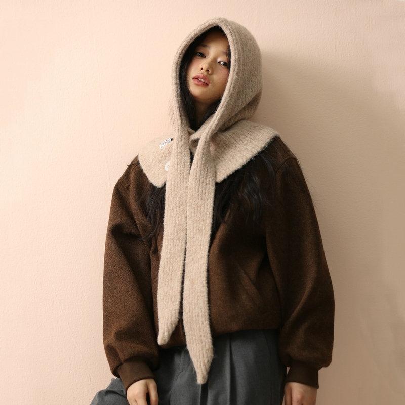 Korean Knitted Balaclava Hat Women S Winter Warm Scarf Integrated Hooded Scarf Knitted Wool Beanie Cap