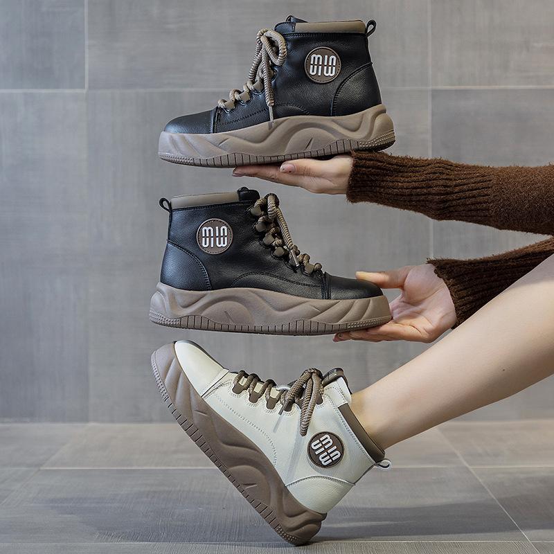 Platform high-top shoes autumn and winter new leather velvet short boots super fire casual board shoes