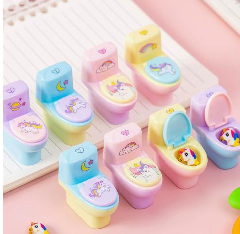 Novelty Toilet Shape Pencil Sharpener with Eraser Random Color Sharpener for Kids School Supplies