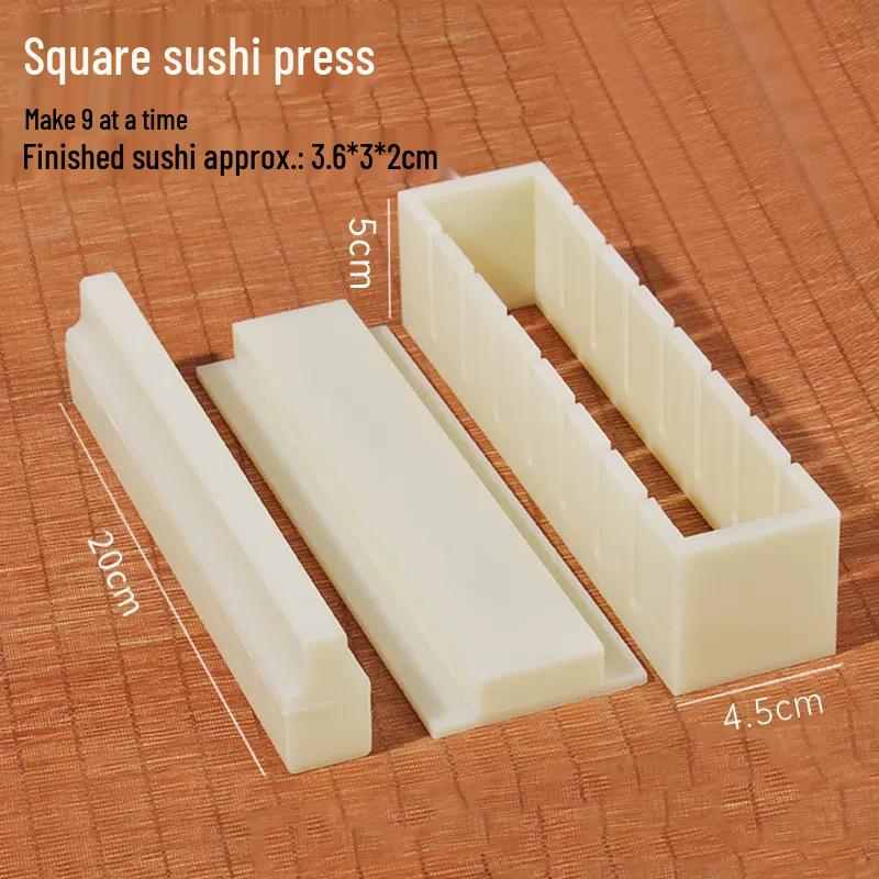 Sushi-Form-Set: Kunststoff-Set für Reisbällchen und Rollen mit Nori-Algen-Umwicklung.