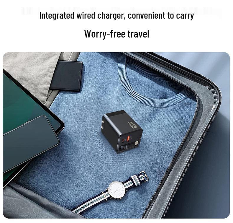 65W Gallium Nitride Charger with Retractable Cable for Apple Fast Charging