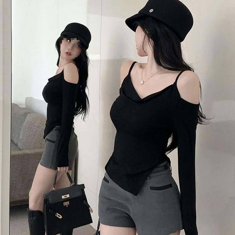 Plain Fabric Vneck Long Sleeve Tshirt With Embroidery For Women