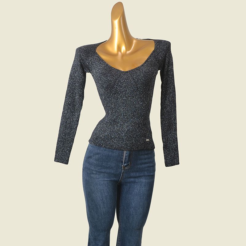 Single French Style V-neck Low-Cut Thread Knitting Bottoming Shirt Women's Spring New Arrival Gold and Silver Silk Slim Fit Slimming Long Sleeves