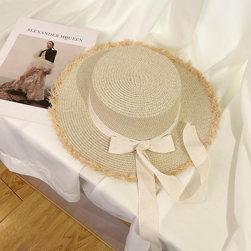 Wide-brimmed Sun Hat Women Summer French-Style Flat-Topped Straw Hat Women's Beach Sun Hat Woven Sun Hat for Beach Protection