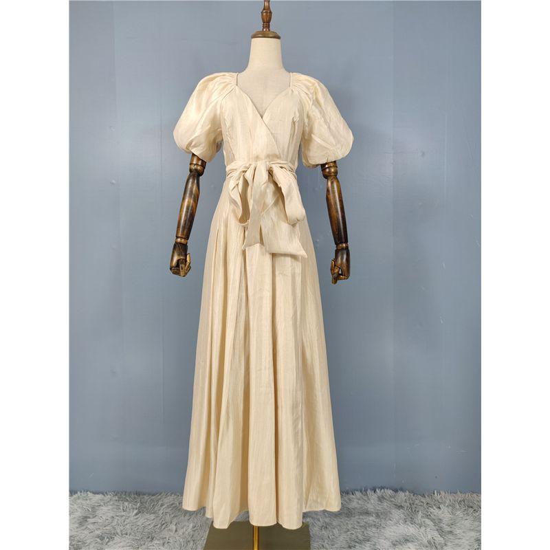 

Export Single Fashion Elegant Elegance Pure Color V-neck Puff Sleeve Shoelace Large Swing Lady Waist-Tight Slim Looking Dress Champagne M