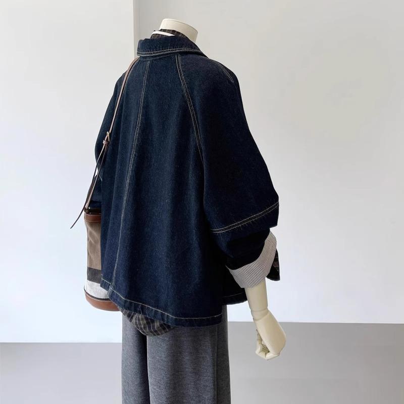 Manteau en Denim Vintage Femme Printemps Automne Mode Veste en Jean Courte Décontractée Manches Splicing Ample Cowboy