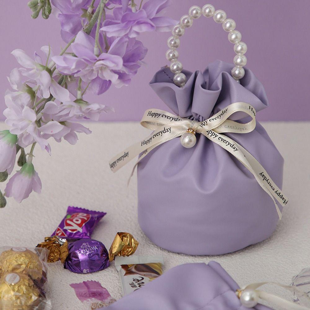 Solid Color PU Drawstring Bag Storage Bag Wedding Candy Bag Pearls Handle Wrist Bag  Festival