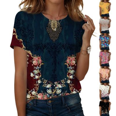 Women's Fashionable Casual Short-sleeved, Retro Printed Round-neck Top