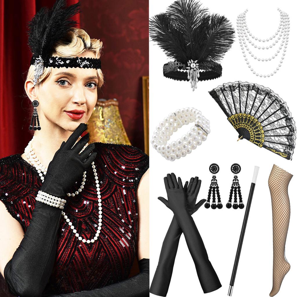 1920er Jahre Flapper Feder Stirnband Perlenkette Armband Ohrringe Set Acht Teile Vintage Stil Accessoires für Kostümparty