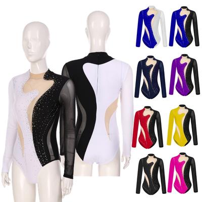 Womens Color Block Gymnastics Leotard Sparkling Rhinestone Sheer Mesh Long Sleeve Bodysuit Dancewear