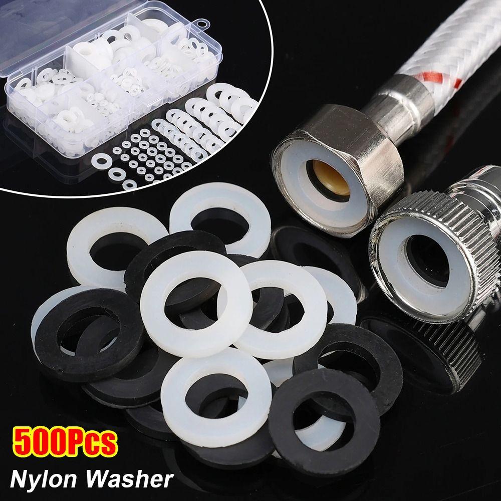 500Pcs Durable Seals O Ring Assortment Kit Nylon Washer Flat M2-M10 Plane Spacer Black White 8 Sizes Insulation Gasket Ring