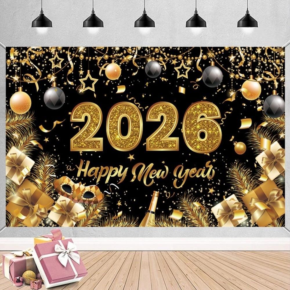 Black Gold 2026 New Year Backdrops Colorful Balloon Photo Background  Outdoor Party