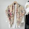 Spring and Autumn Long Shawl Artistic Flower Print Hanging Tassel Fashionable Scarf Women's Travel Sunscreen Decoration Exterior