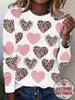 Women Long Sleeve Top Leopard Heart Mixed Print Crew Neck Autumn Festival Gift Casual Daily Wear Women's Clothes