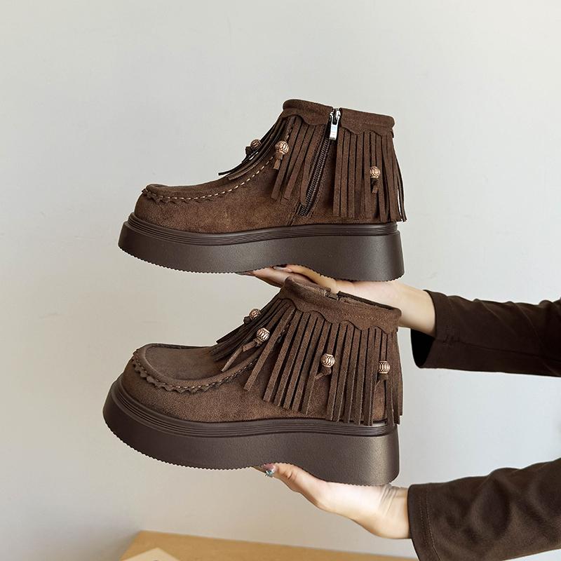 

Модные одинарные ботинки Женская мода Круглый носок Замша Кисточка Боковая молния Платформа Нескользящие ботильоны 40 коричневый