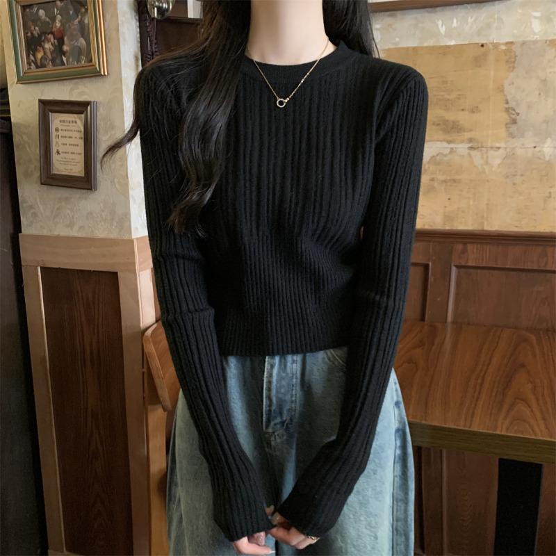 Crew neck waist with cashmere knitted sweater women's autumn women's slim-fit short pullover bottoming shirt top