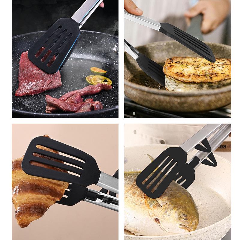 Silicone & Stainless Steel Heat-Resistant Food Tongs with Stand, 9" & 12" for BBQ, Steak, and Bread.