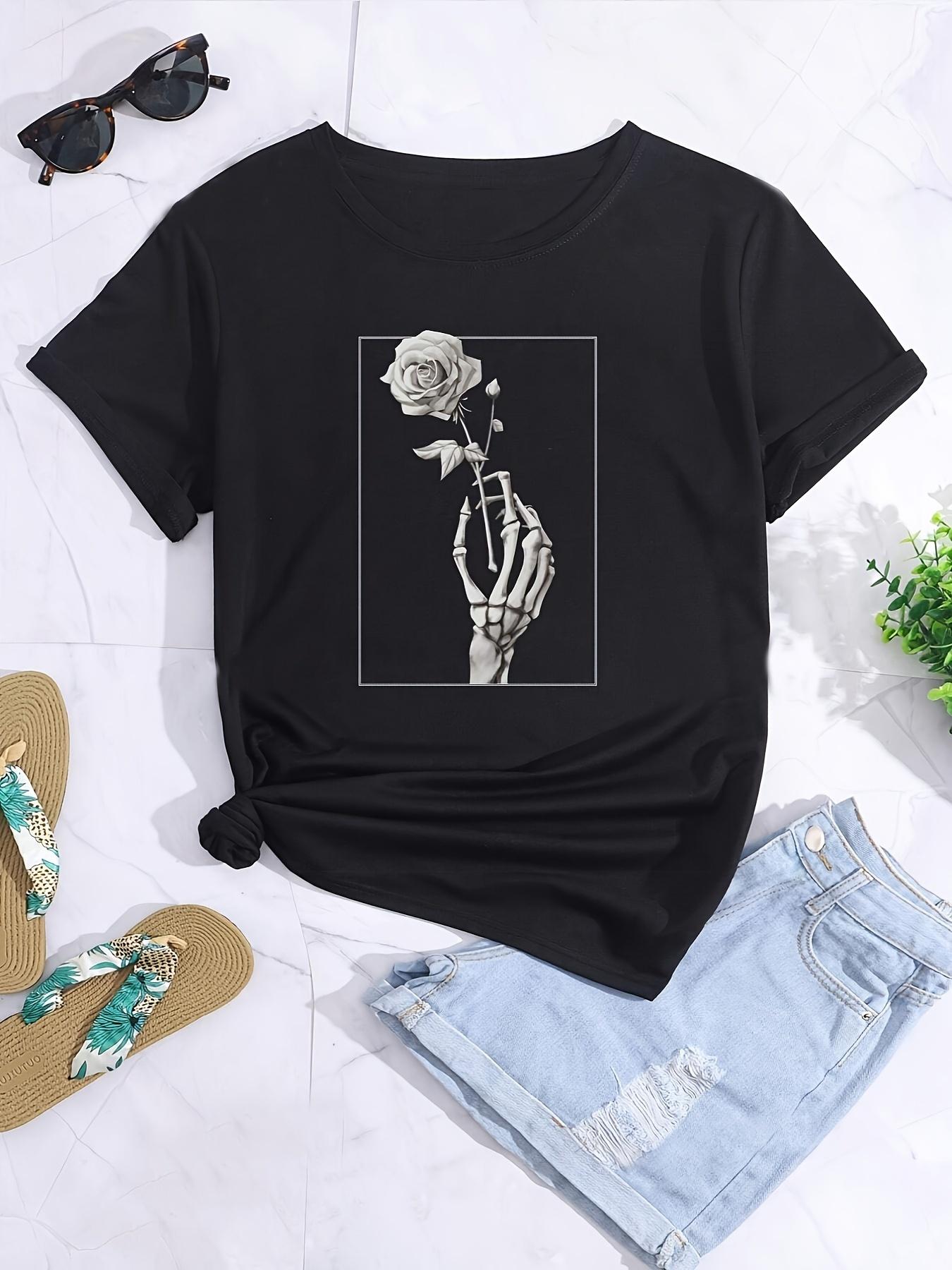 

Hand and Rose Print T-Shirt Women s Crewneck Casual Short Sleeve T-Shirt Summer Harajuku Streetwear Tops Fashion Tees 4XL