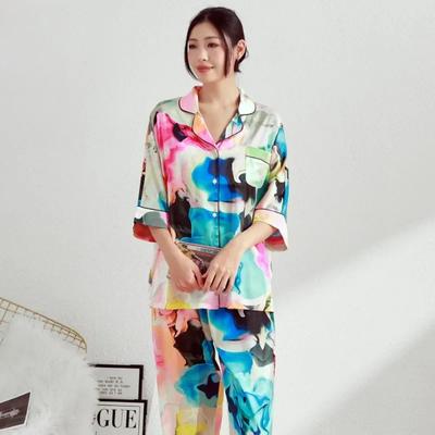 Women's Autumn Mid Sleeved Long Pants with Colorful Printed Pajamas That Can Be Worn As Outerwear Home