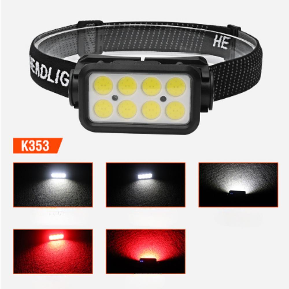 K372 Lampe frontale LED Lampe de poche COB Batterie 18650 intégrée IPX4 Étanche Phare Lanterne de randonnée Lumière forte portable extérieur course de nuit
